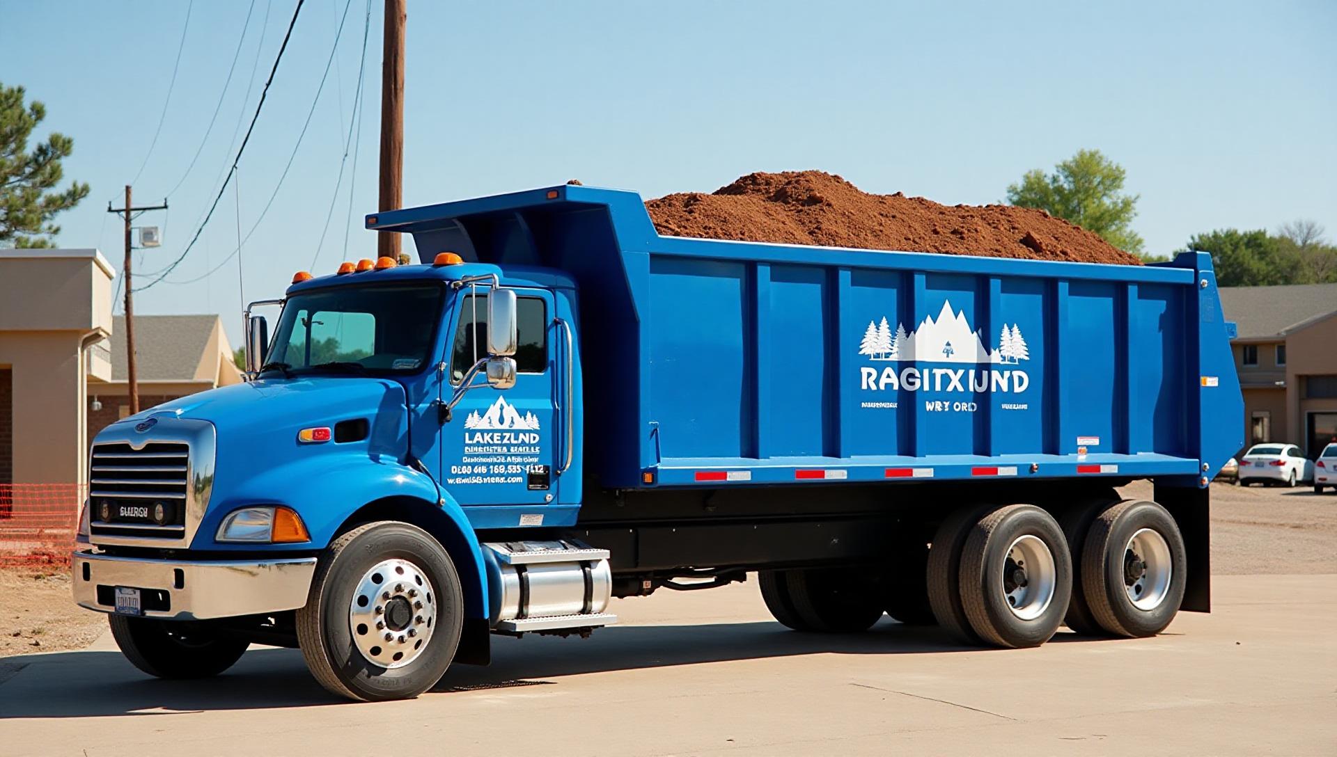 Lakeland Dumpster Rental truck delivering blue roll-off dumpster to residential customer in Branson Missouri